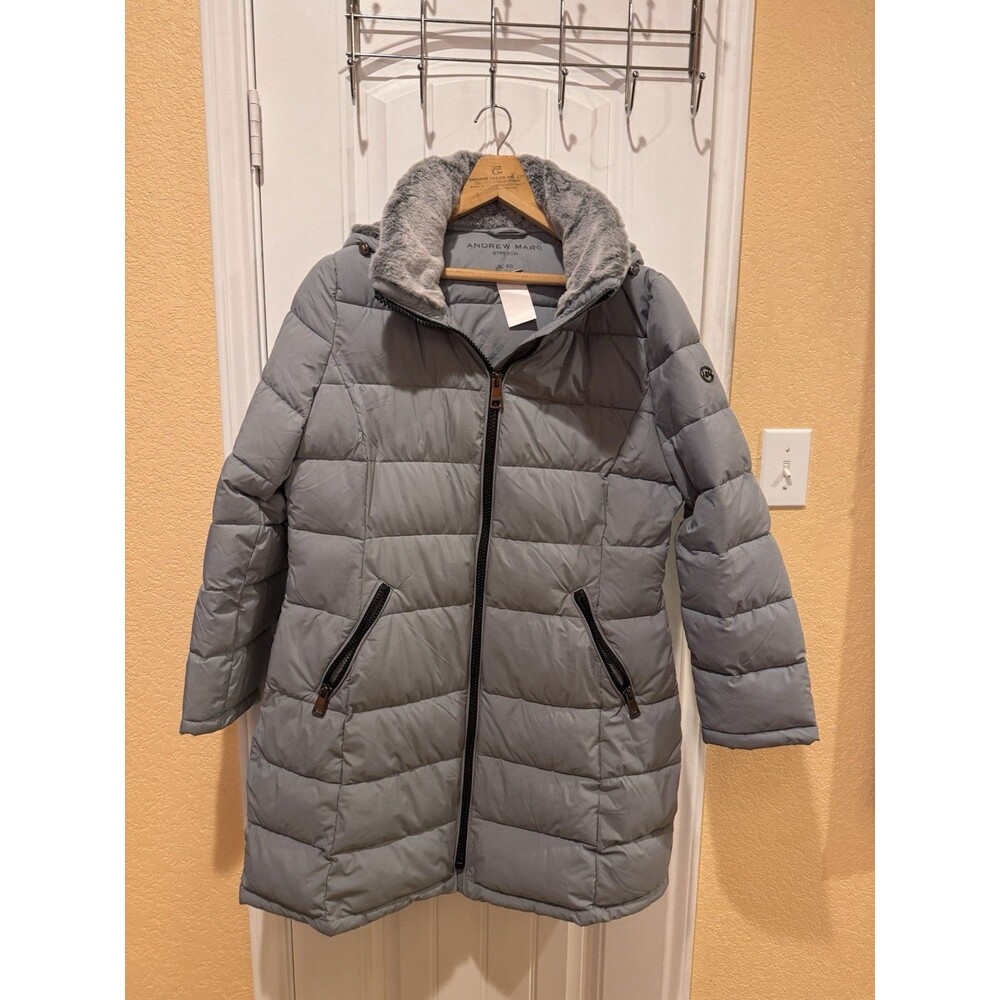 Andrew Marc Stretch Puffer Jacket XL Black Removable Fur Hood Grey - Picture 3 of 14